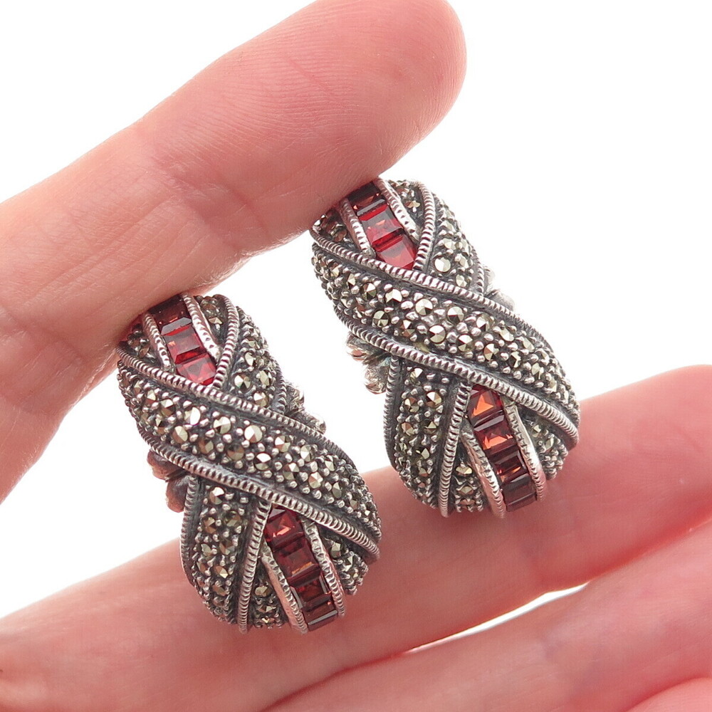 Judith Jack 925 Sterling Vintage Real Red Garnet & Marcasite Omega Back Earrings
